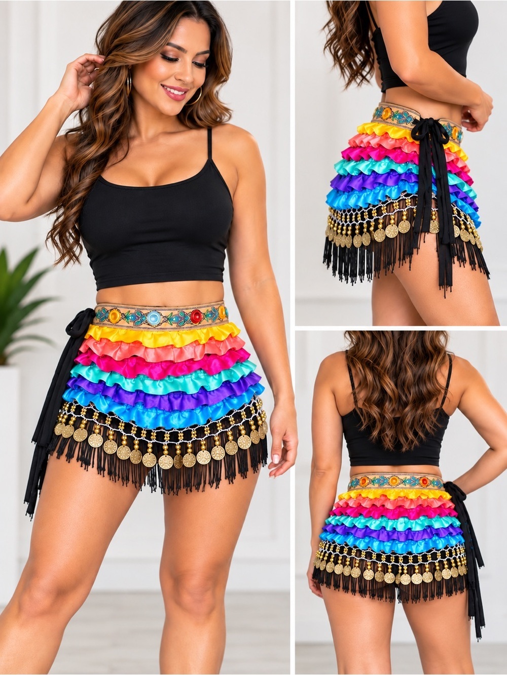 Belly Dance Rainbow Wrap Skirt with Gold Coins